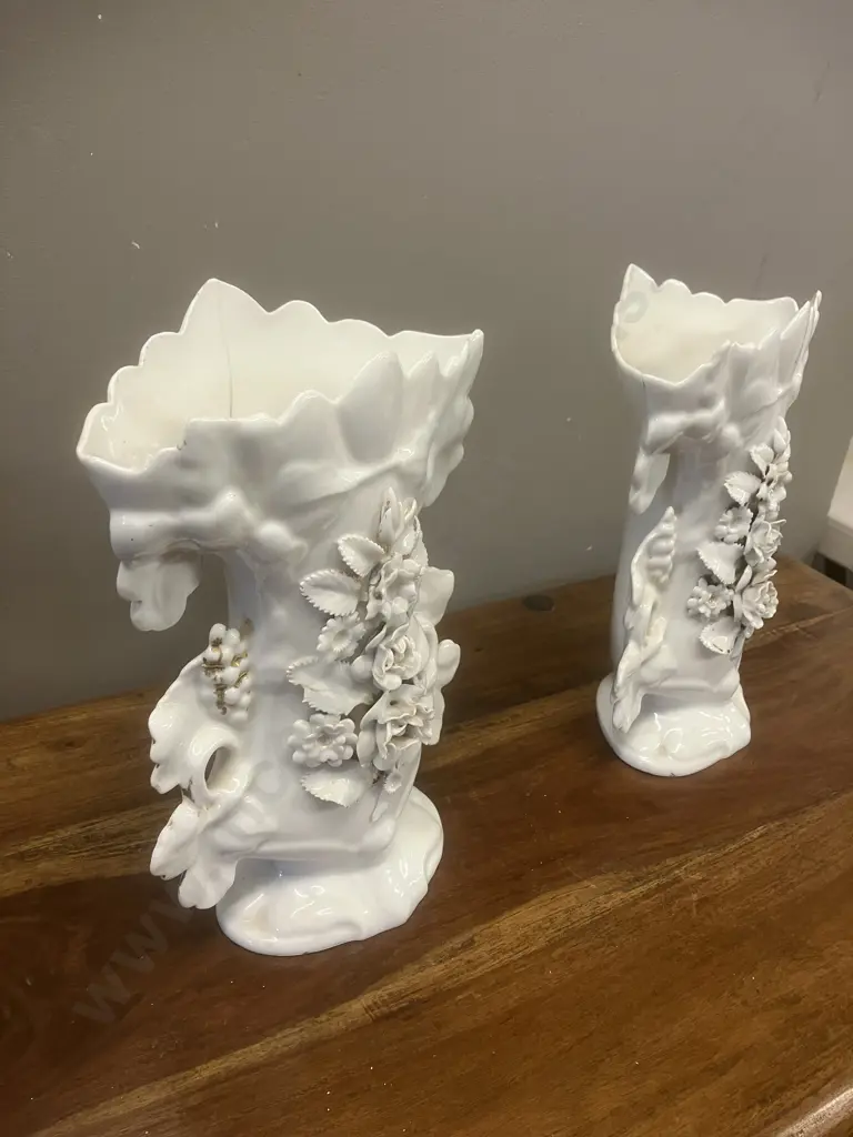 Paris Porcelain Spill Vase With Leaf Handles & Applied White Flowers - Pair of. H27cm (As Found) Image 1++