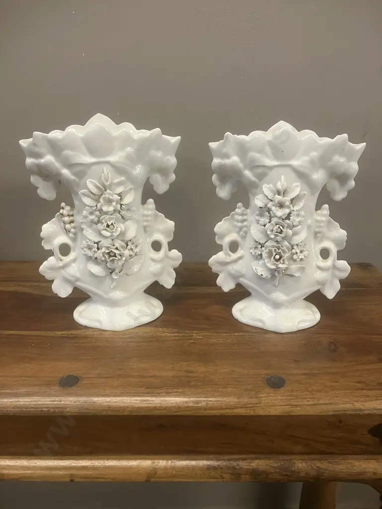 Paris Porcelain Spill Vase With Leaf Handles & Applied White Flowers - Pair of. H27cm (As Found) Image 1++