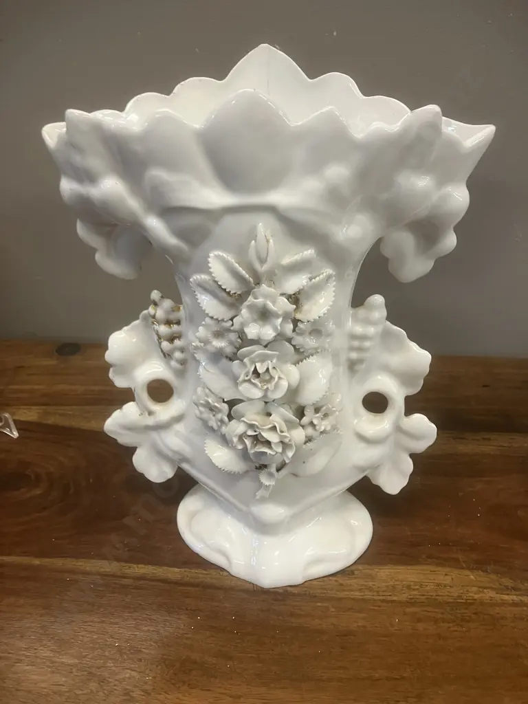 Paris Porcelain Spill Vase With Leaf Handles & Applied White Flowers - Pair of. H27cm (As Found) Image 1++