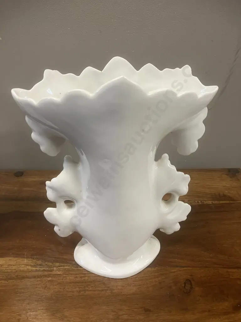 Paris Porcelain Spill Vase With Leaf Handles & Applied White Flowers - Pair of. H27cm (As Found) Image 1++