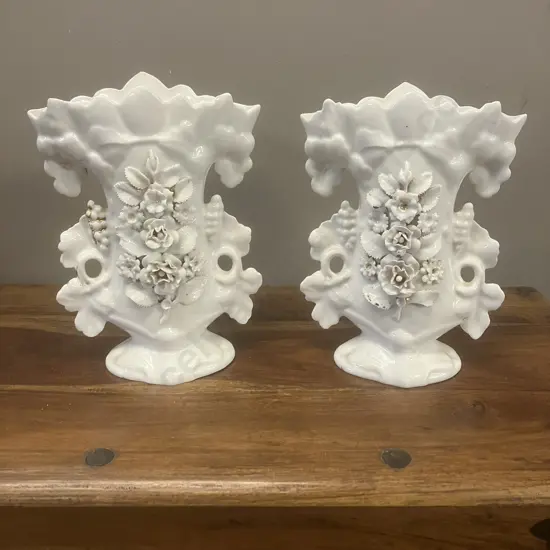Paris Porcelain Spill Vase With Leaf Handles & Applied White Flowers - Pair of. H27cm (As Found)