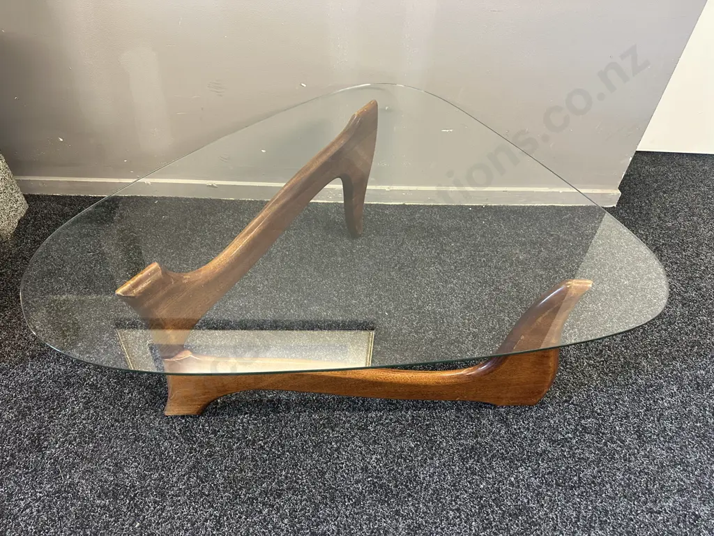 Mid Century Modern Glass Top Coffee Table Triangular Glass & Mahogany Base H80 W91 D83cm. Image 1++