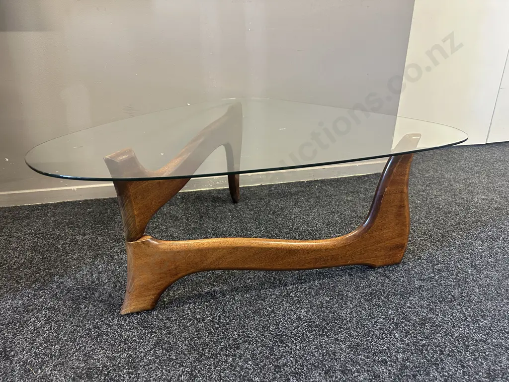 Mid Century Modern Glass Top Coffee Table Triangular Glass & Mahogany Base H80 W91 D83cm. Image 1++