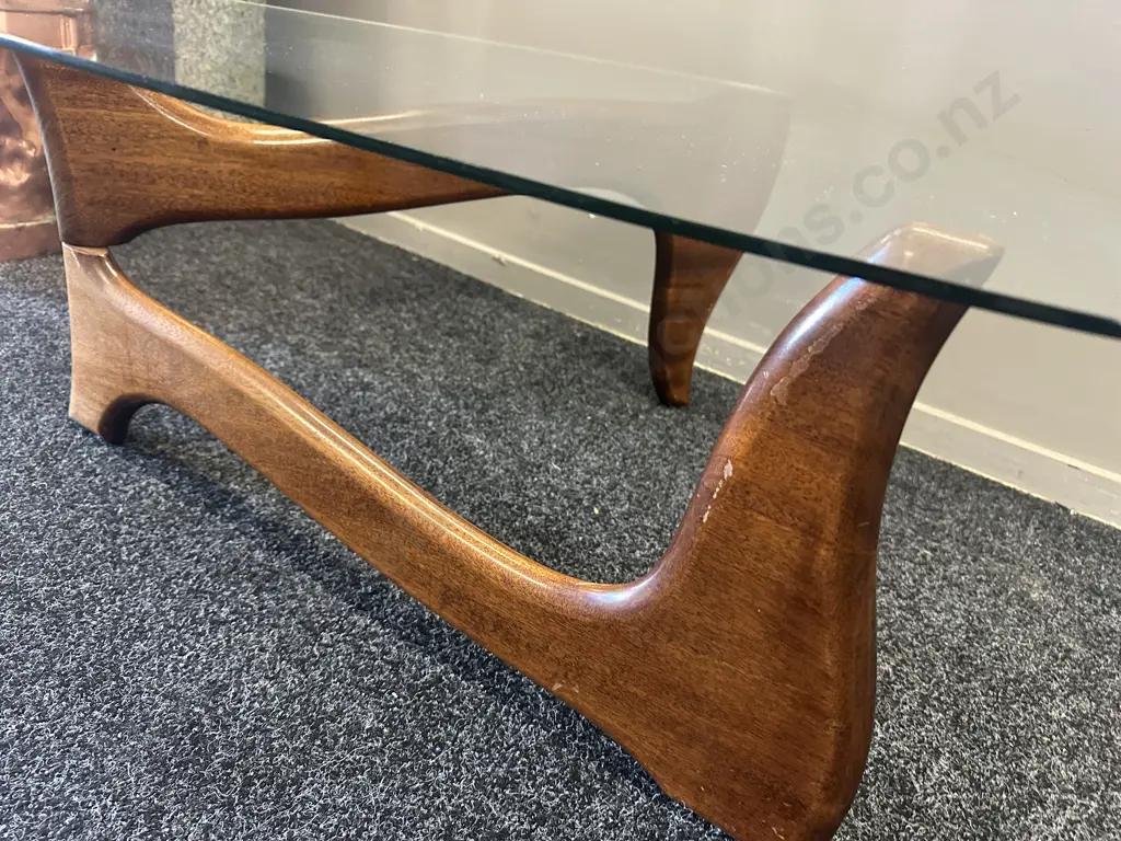 Mid Century Modern Glass Top Coffee Table Triangular Glass & Mahogany Base H80 W91 D83cm. Image 1++