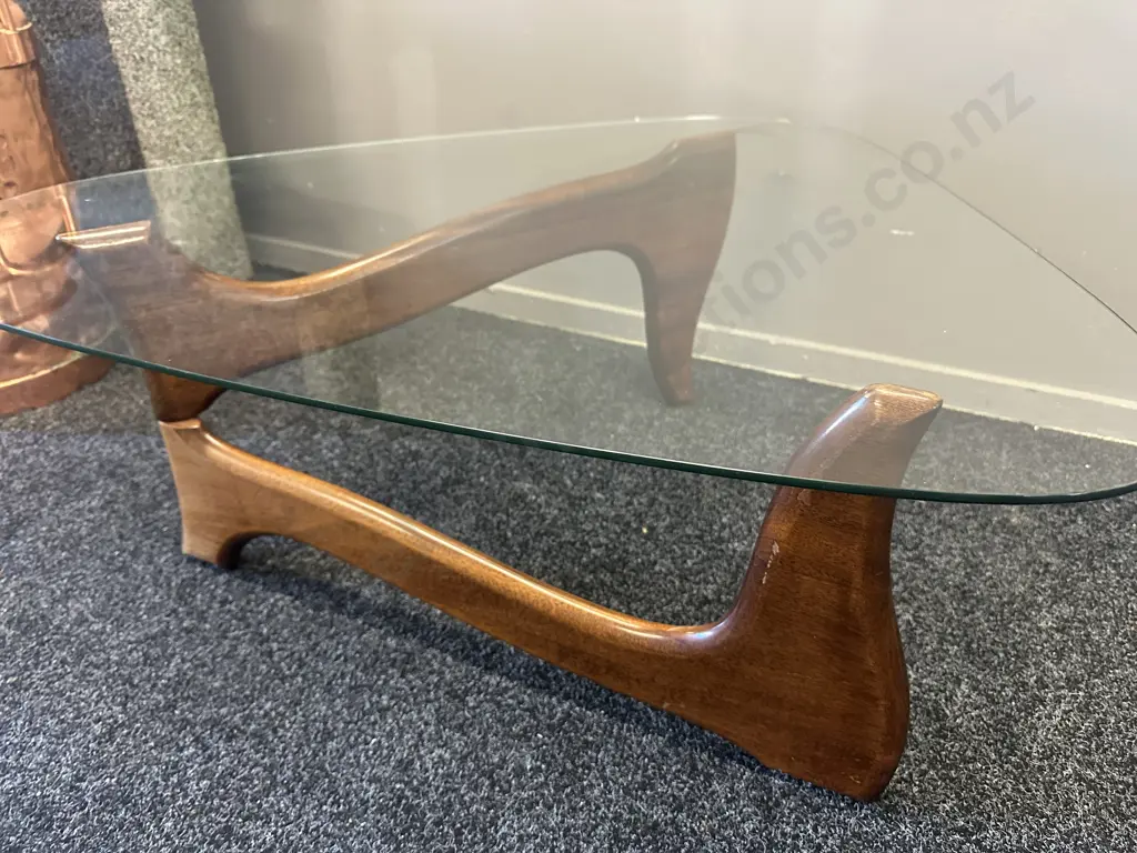 Mid Century Modern Glass Top Coffee Table Triangular Glass & Mahogany Base H80 W91 D83cm. Image 1++