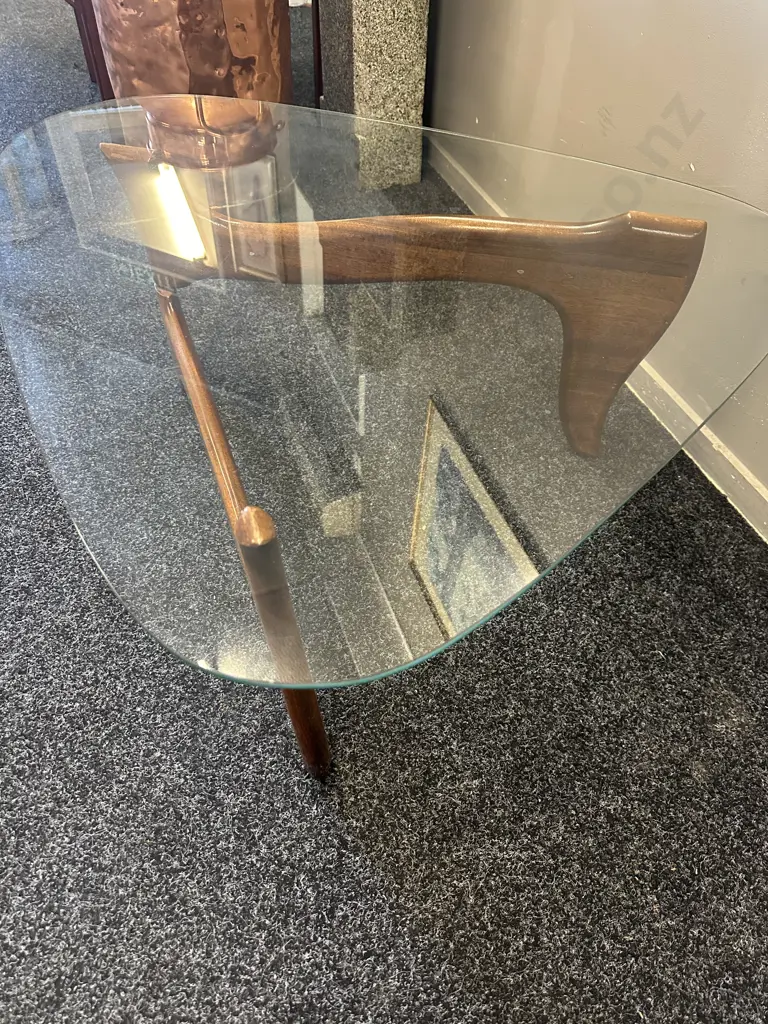 Mid Century Modern Glass Top Coffee Table Triangular Glass & Mahogany Base H80 W91 D83cm. Image 1++