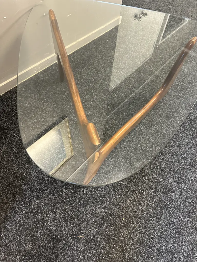 Mid Century Modern Glass Top Coffee Table Triangular Glass & Mahogany Base H80 W91 D83cm. Image 1++