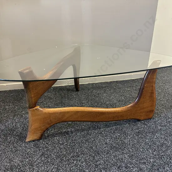 Mid Century Modern Glass Top Coffee Table Triangular Glass & Mahogany Base H80 W91 D83cm.