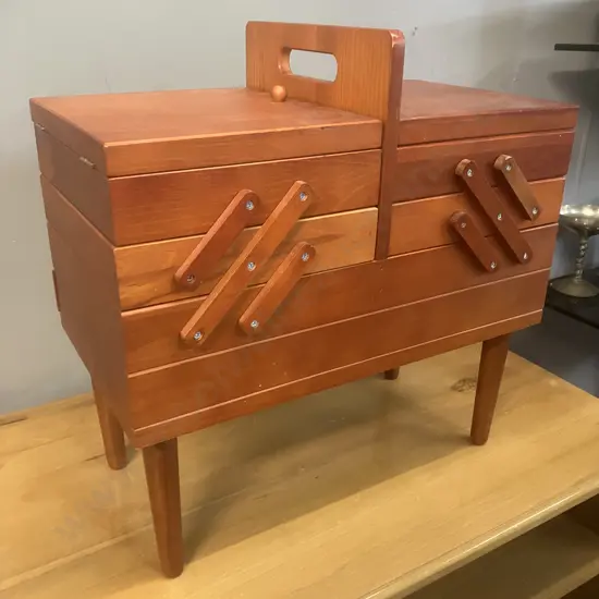Wooden Concertina Sewing Box. H45 W44 D24cm