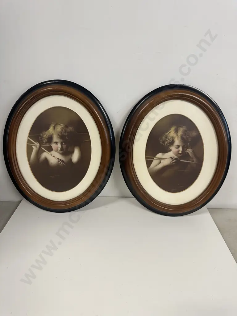 Pair Of Vintage Oval mahogany Framed Prints 'Cupid Asleep' & 'Cupid Awake' Image 1++