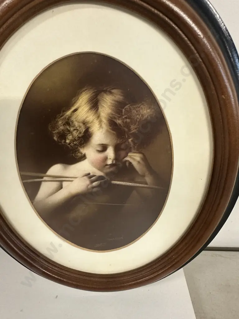 Pair Of Vintage Oval mahogany Framed Prints 'Cupid Asleep' & 'Cupid Awake' Image 1++