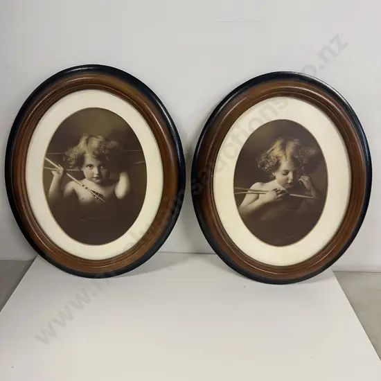 Pair Of Vintage Oval mahogany Framed Prints 'Cupid Asleep' & 'Cupid Awake'