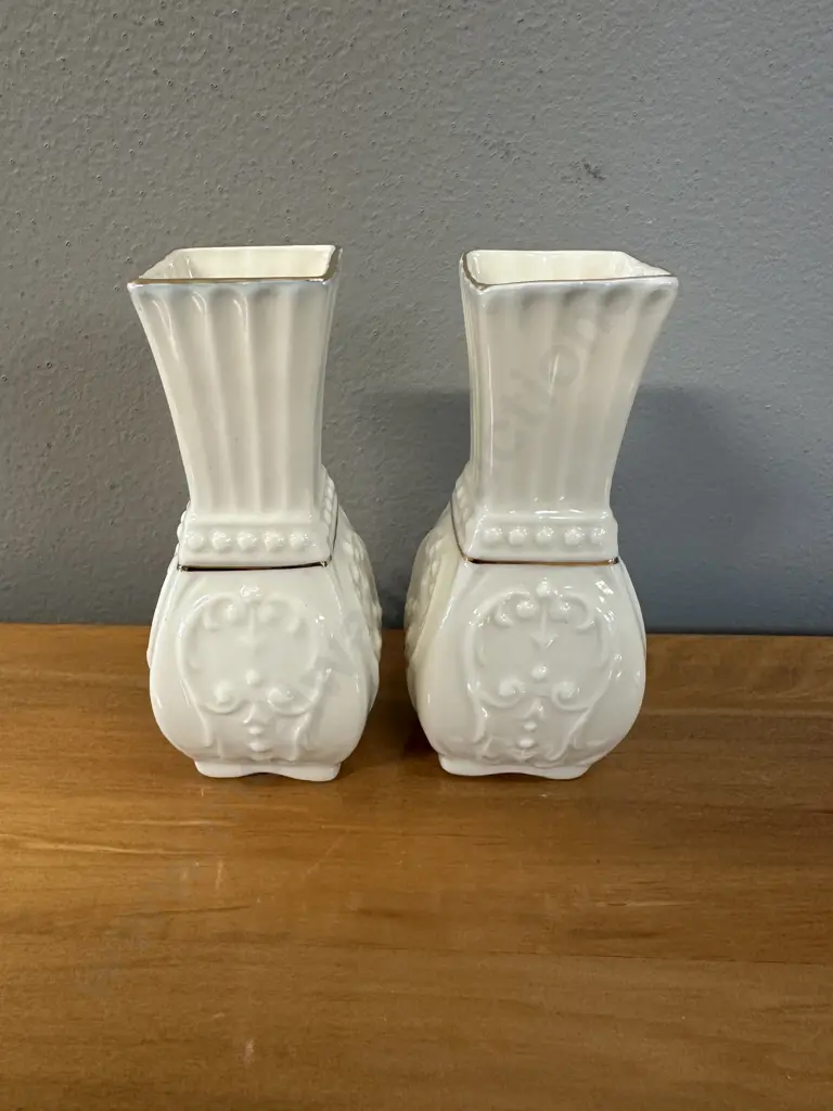 Pair Of Belleek 'Toy Panel' Bud Vases H10cm. Image 1++