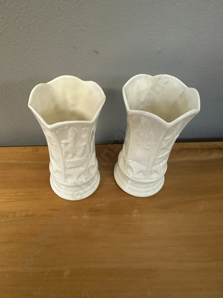 Pair Of Belleek Six Sided Vintage Shell Embossed Spill Vases H11cm. Image 1++