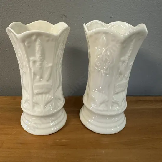 Pair Of Belleek Six Sided Vintage Shell Embossed Spill Vases H11cm.