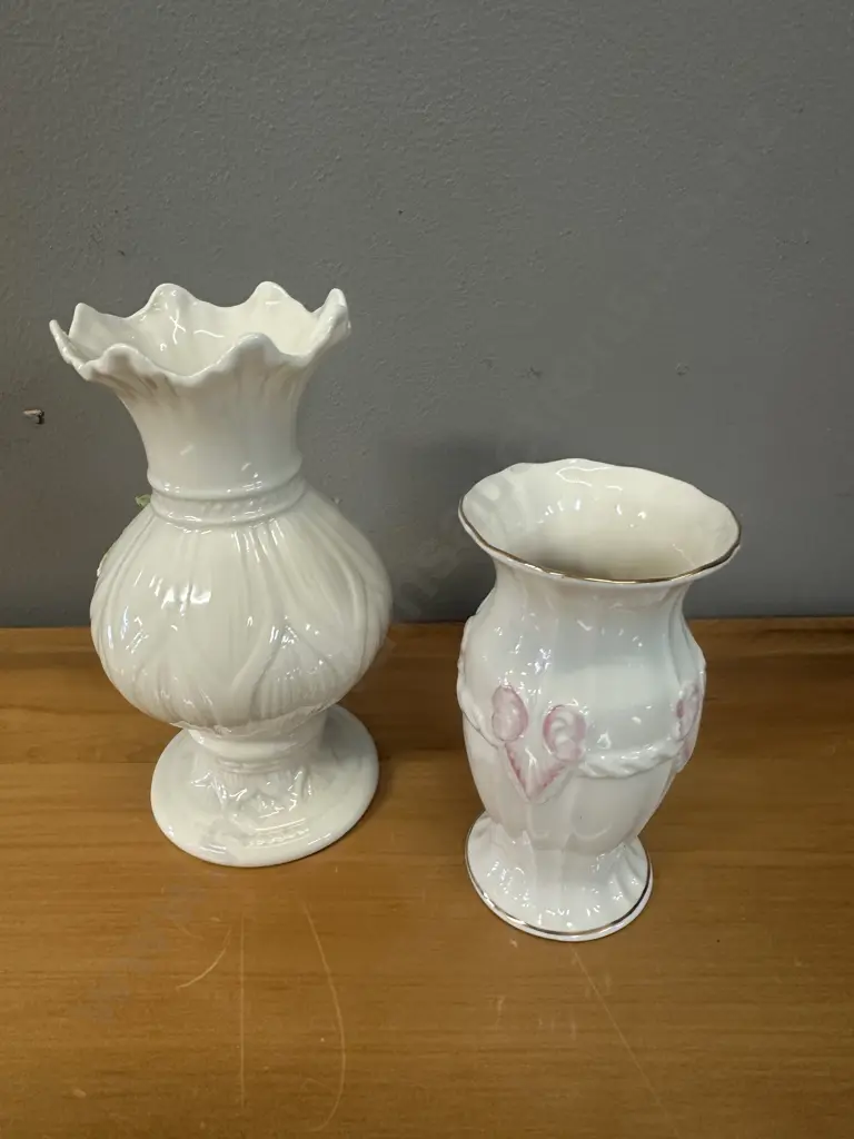 Belleek Ribbon Spill Vase & Georgian Shell Violet Vase Image 1++