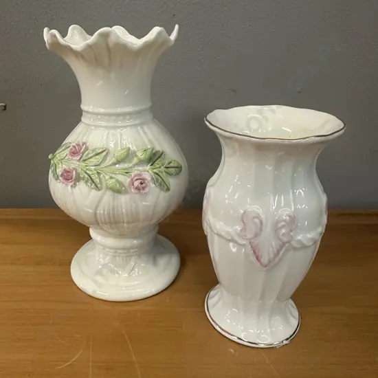 Belleek Ribbon Spill Vase & Georgian Shell Violet Vase