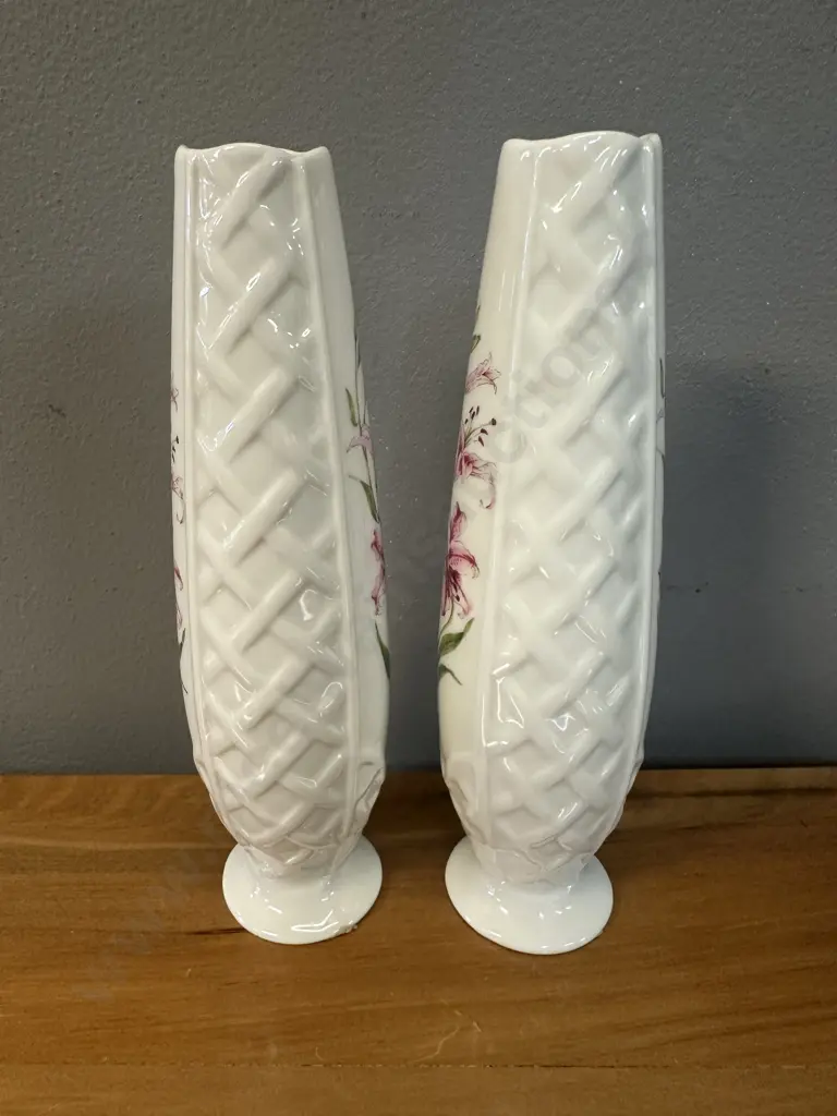Pair Of Belleek Country Trellis Bud Vases H17cm. Image 1++