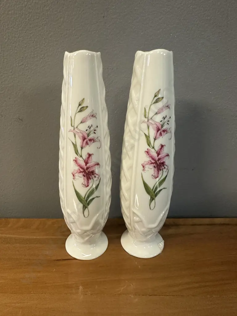 Pair Of Belleek Country Trellis Bud Vases H17cm. Image 1++