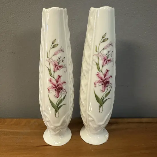 Pair Of Belleek Country Trellis Bud Vases H17cm.