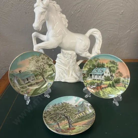 White Horse Figurine & Decorative Plates x3