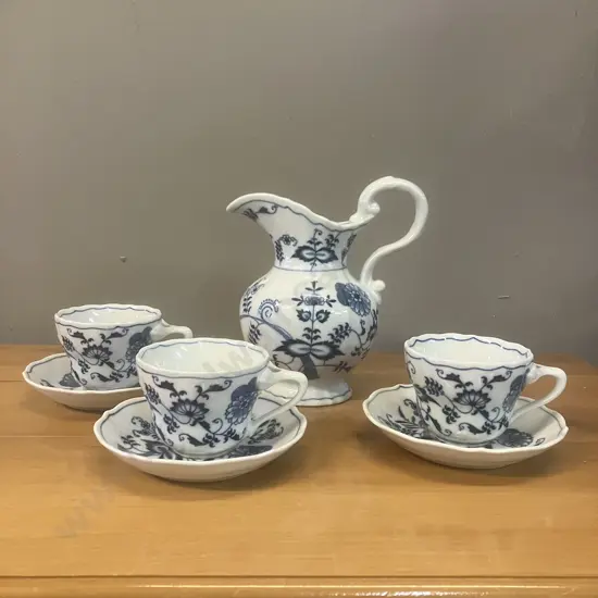 Blue Danube Blue Onion Pattern Vintage Pitcher With Three Cups & Saucers - Japan