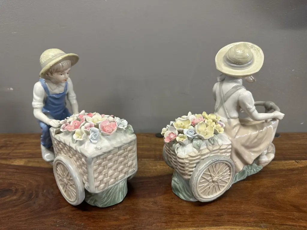 Vintage Porcelain Boy With Wheelbarrow & Girl With Flowers Ornaments Image 1++