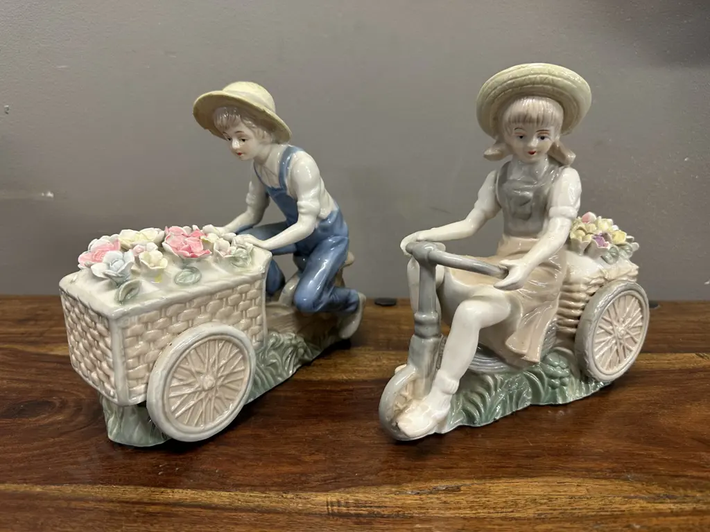 Vintage Porcelain Boy With Wheelbarrow & Girl With Flowers Ornaments Image 1++