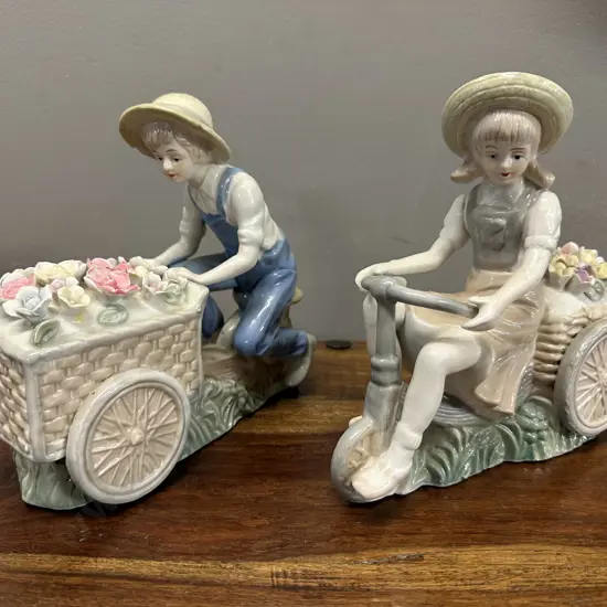 Vintage Porcelain Boy With Wheelbarrow & Girl With Flowers Ornaments
