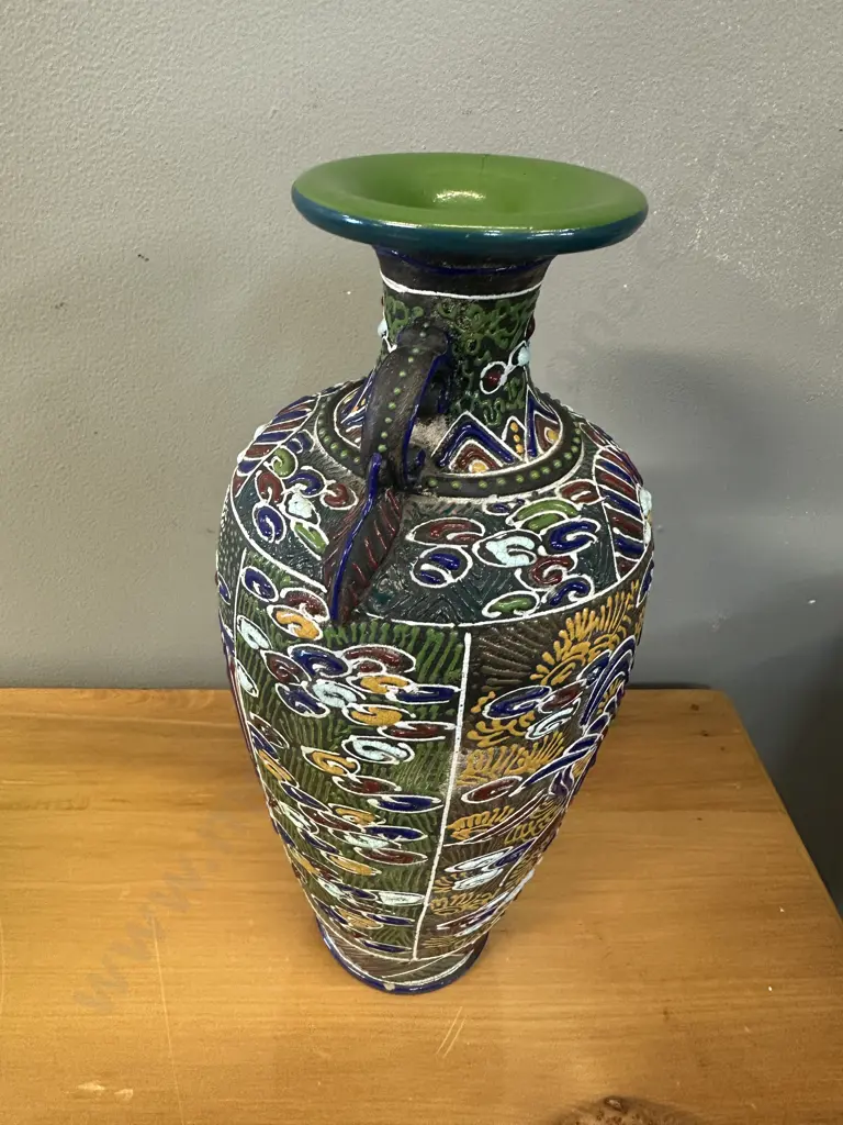 Japanese Satsuma Style Earthenware Vase With Raised Relief Detail H33cm. Image 1++
