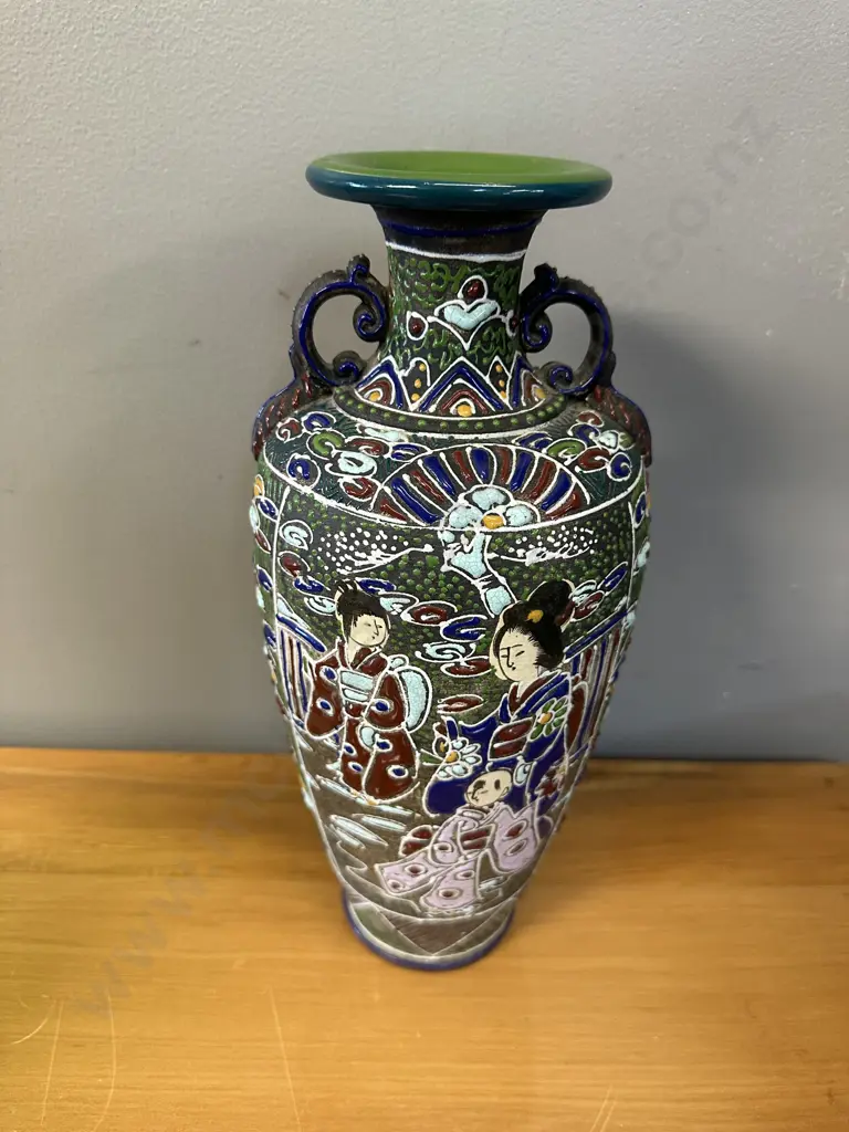 Japanese Satsuma Style Earthenware Vase With Raised Relief Detail H33cm. Image 1++
