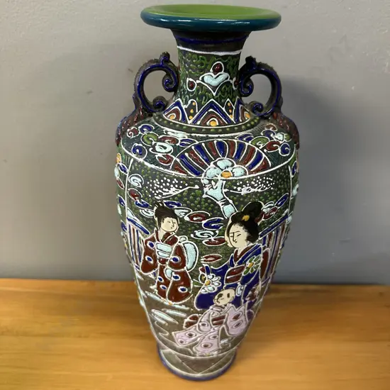 Japanese Satsuma Style Earthenware Vase With Raised Relief Detail H33cm.