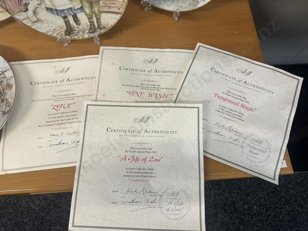Vintage Porcelain Collector Plates x4 By Artist Kate Aldous With Certificate Of Authenticity Image 1++