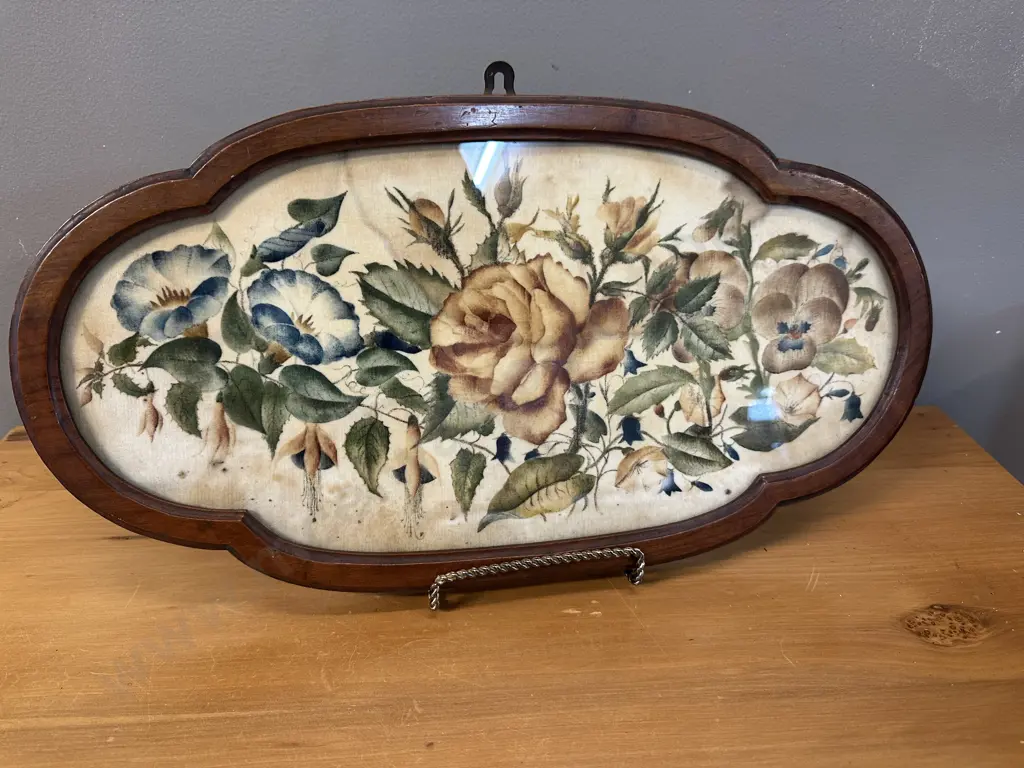 Vintage Mahogany Framed Floral Wall Art 26.5x49.5cm Image 1++