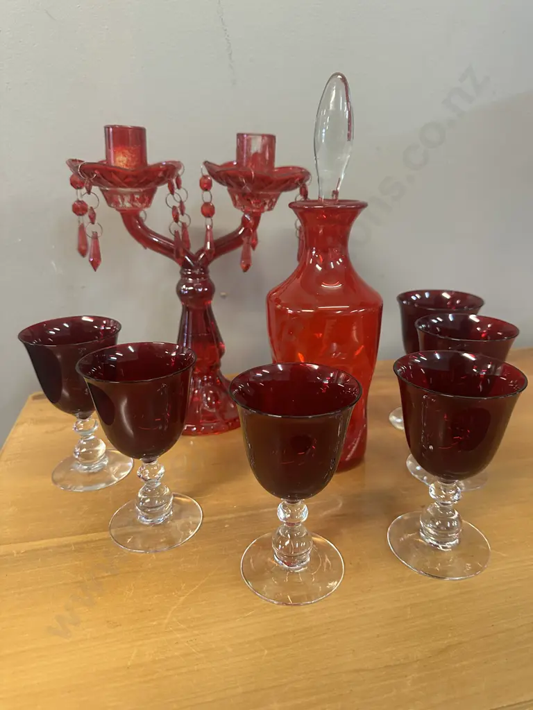 Vintage Red Pinched Art Glass Decanter, Candle Holder & Wine Glasses x6 Image 1++