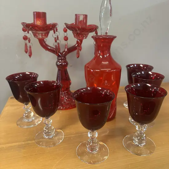 Vintage Red Pinched Art Glass Decanter, Candle Holder & Wine Glasses x6