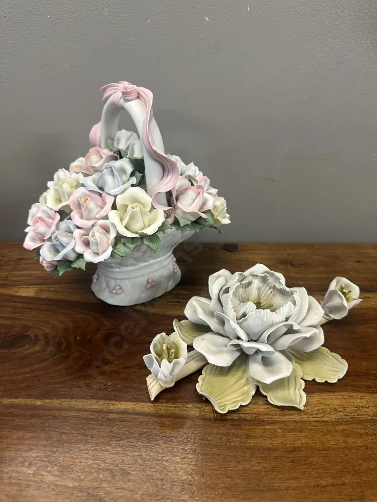 Vintage Capodimonte Style Porcelain Flower Figurine & Decorative Roses In China Basket Image 1++