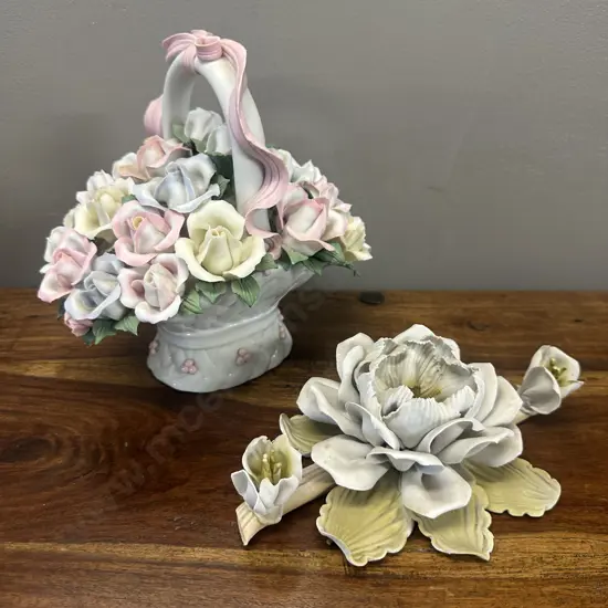 Vintage Capodimonte Style Porcelain Flower Figurine & Decorative Roses In China Basket