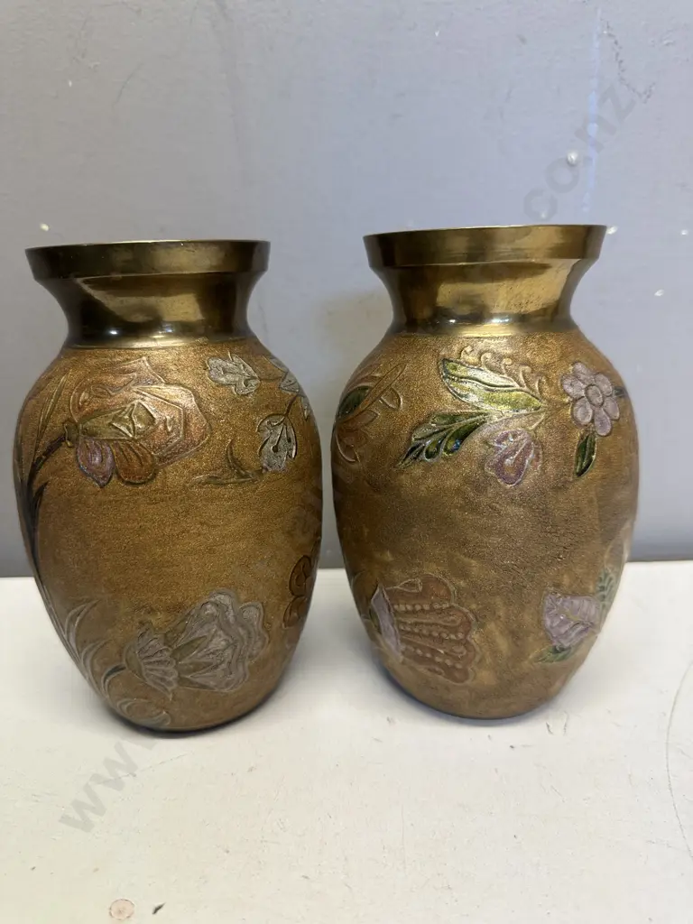Pair of Indian Brass Hand Painted Vases Image 1++