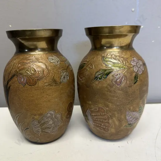Pair of Indian Brass Hand Painted Vases