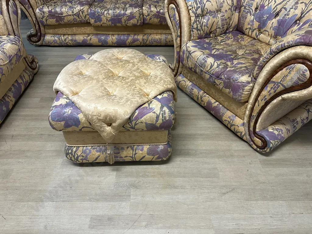 Grand Classic European Three Piece Lounge Suite With Ottoman Deep Tufted Buttoning With Dramatic Rolled Arms Image 1++