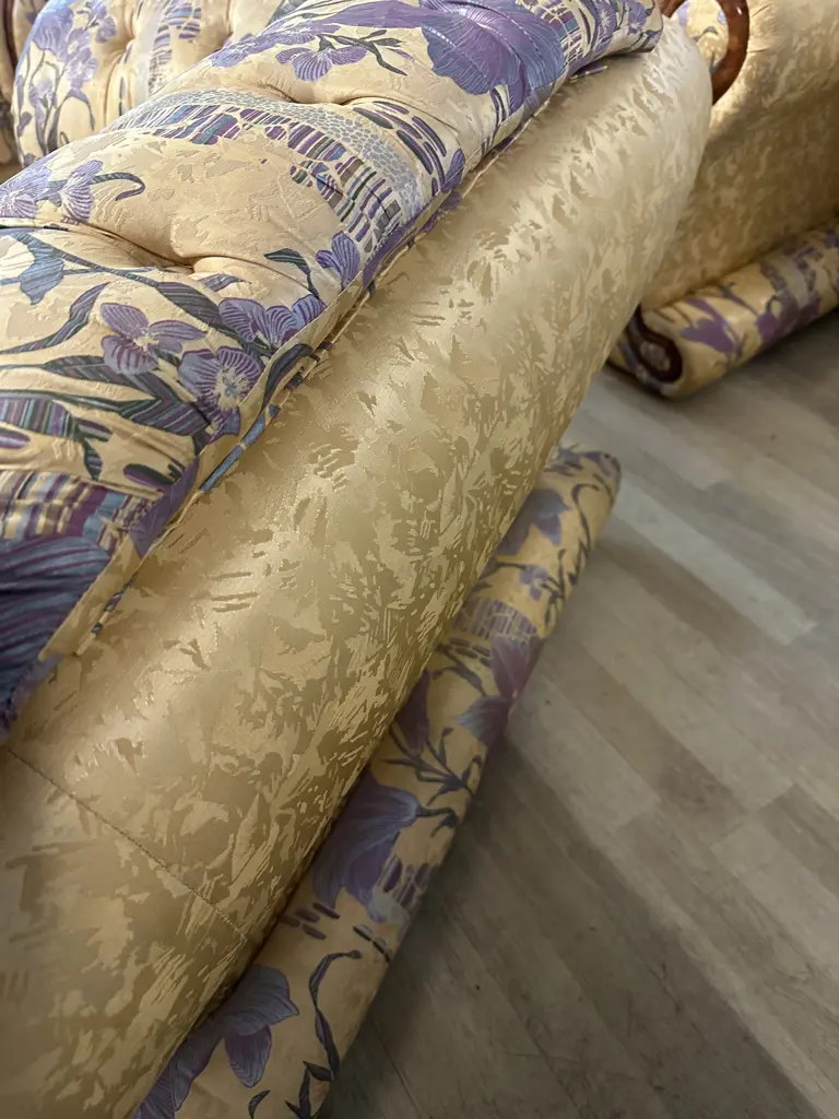 Grand Classic European Three Piece Lounge Suite With Ottoman Deep Tufted Buttoning With Dramatic Rolled Arms Image 1++
