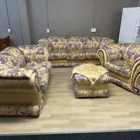 Grand Classic European Three Piece Lounge Suite With Ottoman Deep Tufted Buttoning With Dramatic Rolled Arms