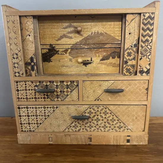 Vintage Wooden Inlaid Oriental Themed Jewellery Box H22 W21.5 D10.5cm.