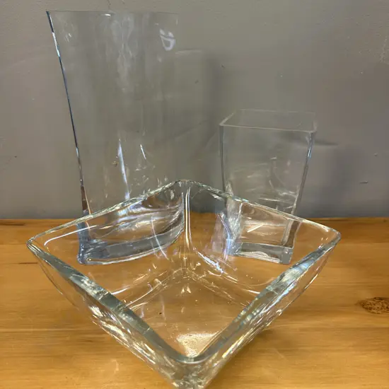 Modernist Glass Vases x2 With Square Bowl