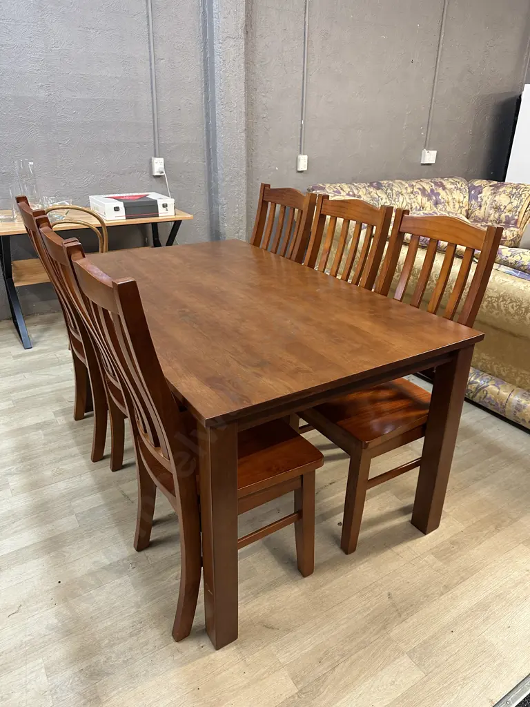 Rectangular Dining Suite Table & Six Chairs Curved Slat Back With Moulded Seats Image 1++