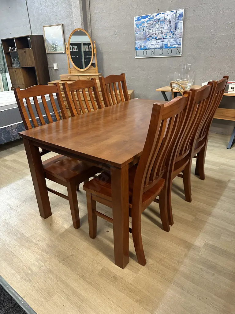 Rectangular Dining Suite Table & Six Chairs Curved Slat Back With Moulded Seats Image 1++