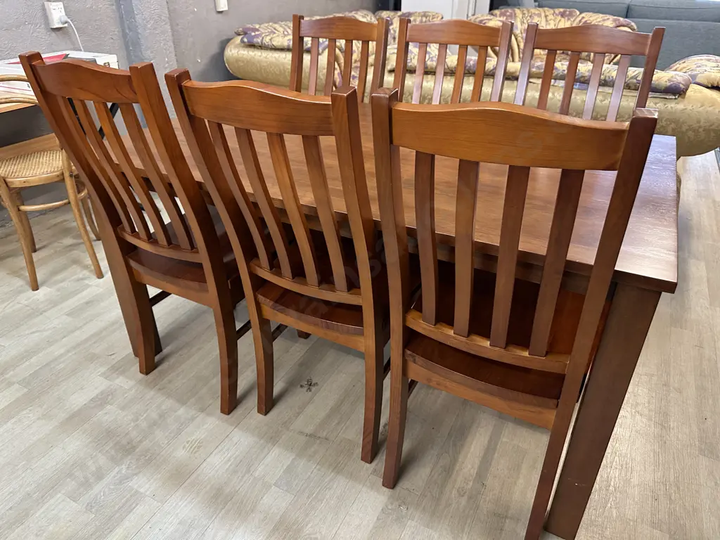 Rectangular Dining Suite Table & Six Chairs Curved Slat Back With Moulded Seats Image 1++
