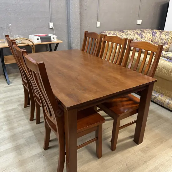 Rectangular Dining Suite Table & Six Chairs Curved Slat Back With Moulded Seats