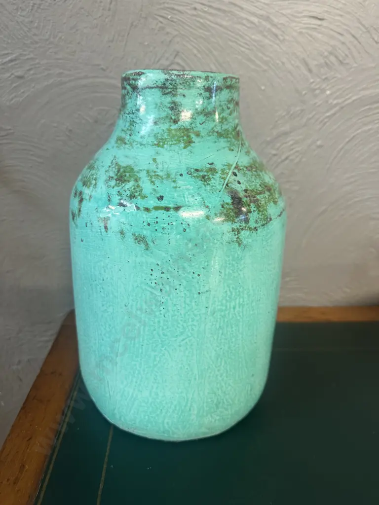 Mint Green & Distressed Rustic Glazed Ceramic Bottle H29cm. Image 1++